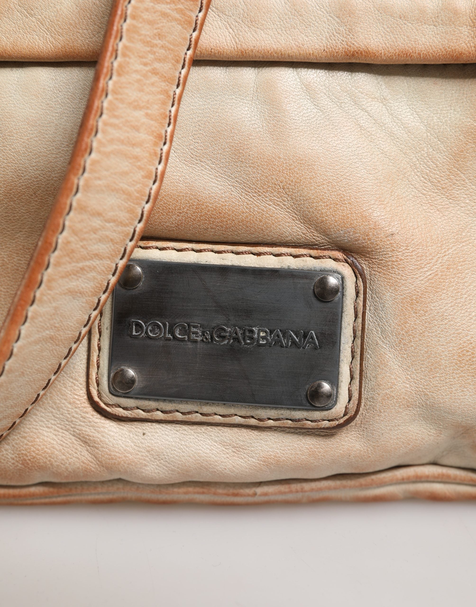 Dolce & Gabbana Beige Vintage Leren Logo Plaque Schoudertas Mannen Tas