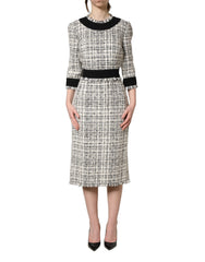 Dolce & Gabbana Black White Tweed Sheath A-line Midi Dress