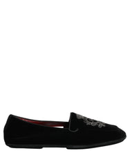 Dolce & Gabbana Black Velvet Crown Embroidery Loafers Shoes
