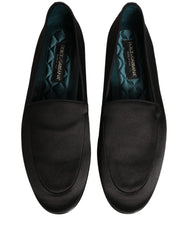 Dolce & Gabbana Black Satin Logo Slip On Flats Loafers Shoes