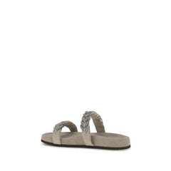 Brunello Cucinelli Grijze Kalfsleren Platte Sandalen Bos Taurus