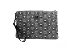 MCM Veritas Medium Dark Grey Denim Monogram Logo Canvas Clutch Pouch Handbag