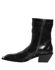 Dolce & Gabbana Black Leather DG Plaque Mid Calf Boots Shoes