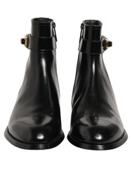 Dolce & Gabbana Black Leather Logo Buckle Mid Calf Boots Shoes