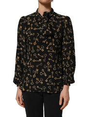 Dolce & Gabbana Black Keys Print Silk Tie Neck Blouse Top