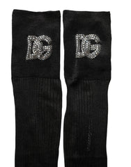 Dolce & Gabbana Black DG Logo Rhinestones Stretch Thigh High Socks