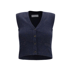 Brunello Cucinelli Blue Cashmere Sleeveles Sweater