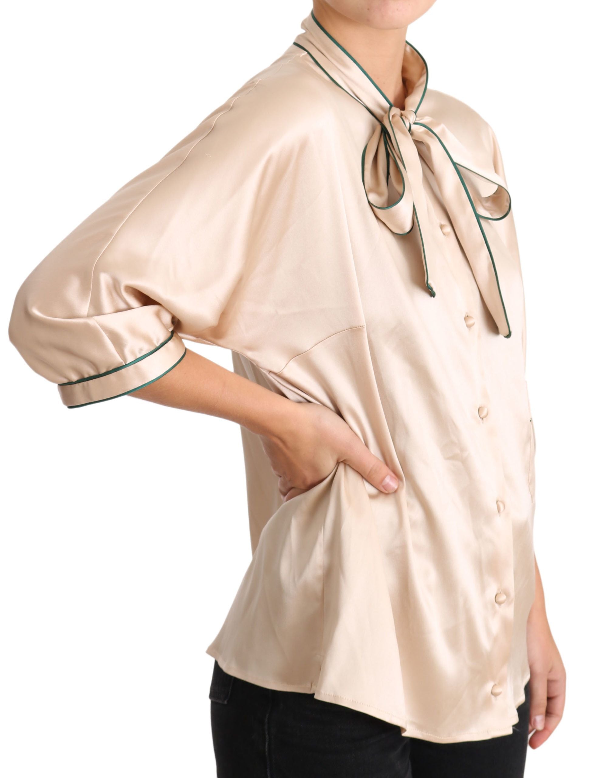 Dolce & Gabbana Beige Seiden-Stretch-Oberteil mit Schleifenbesatz