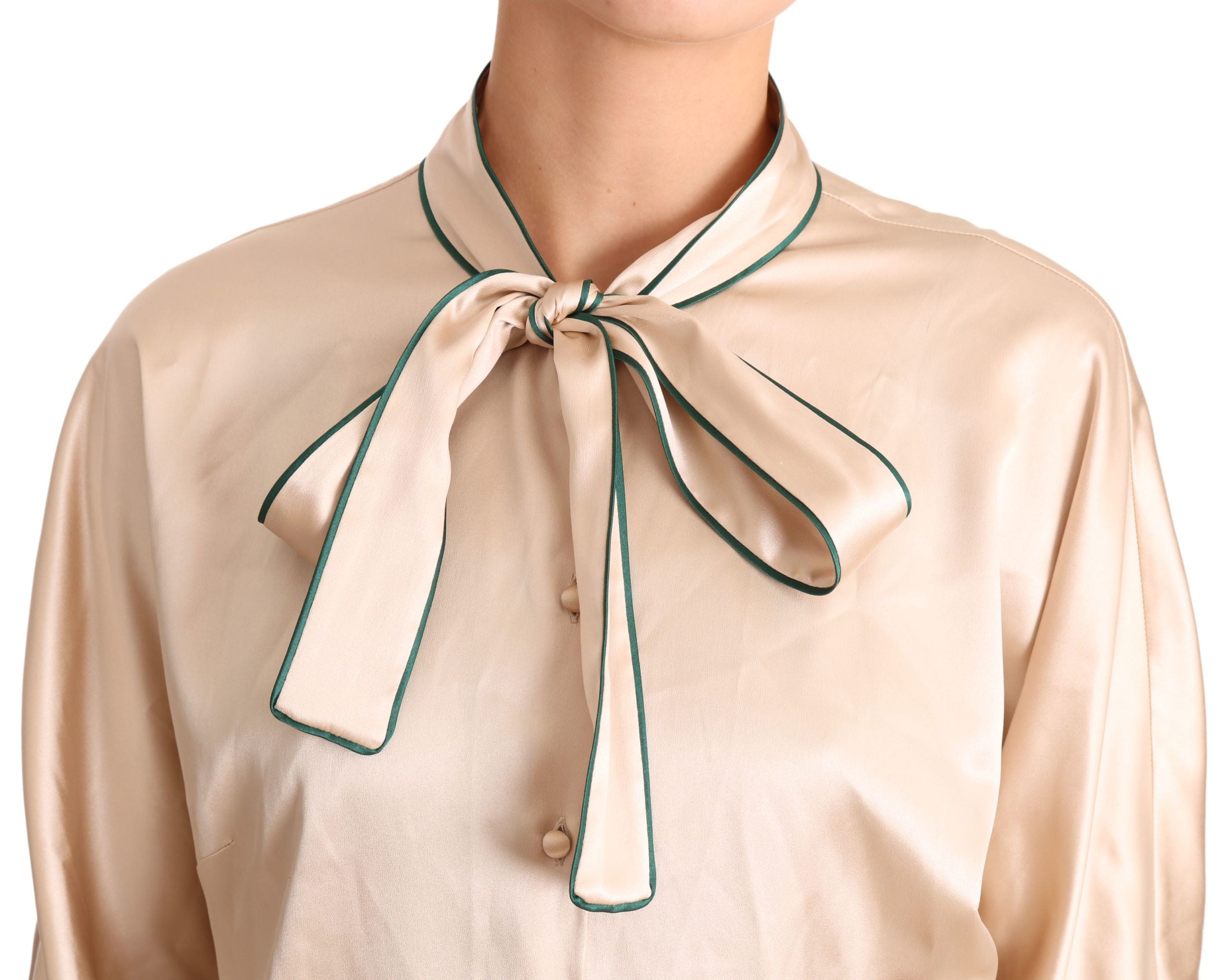 Dolce & Gabbana Beige Seiden-Stretch-Oberteil mit Schleifenbesatz