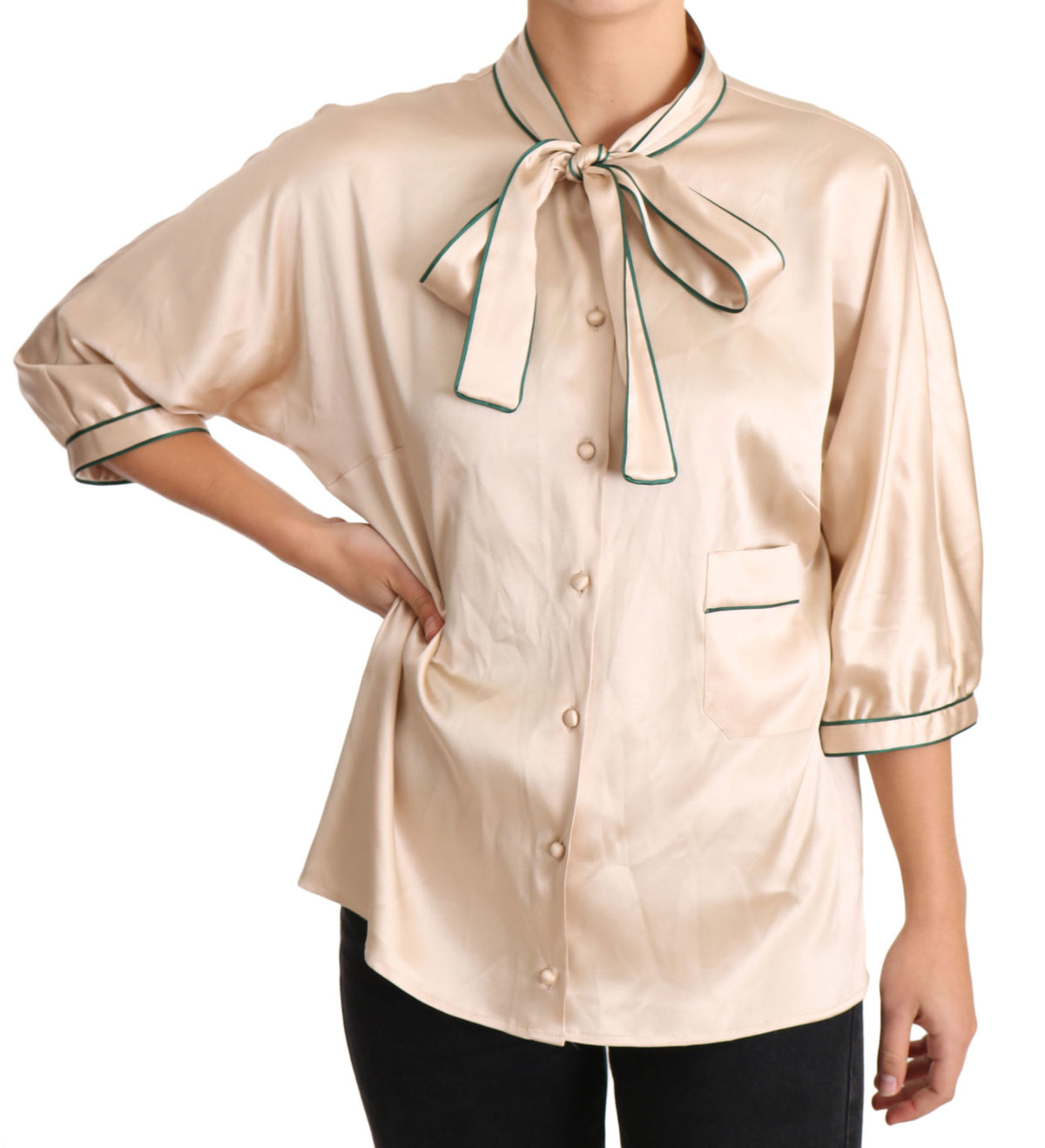 Dolce & Gabbana Beige Seiden-Stretch-Oberteil mit Schleifenbesatz