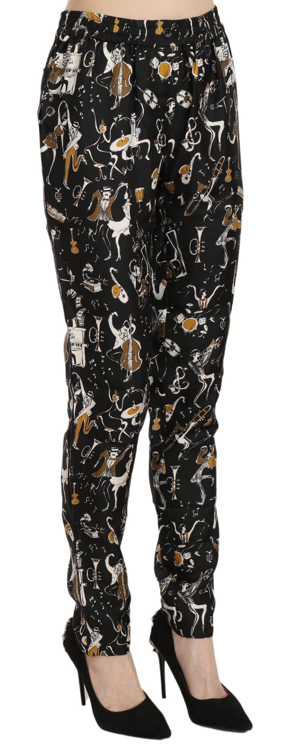 Dolce & Gabbana Schwarze Jazz Club Print High Waist Tapered Hose
