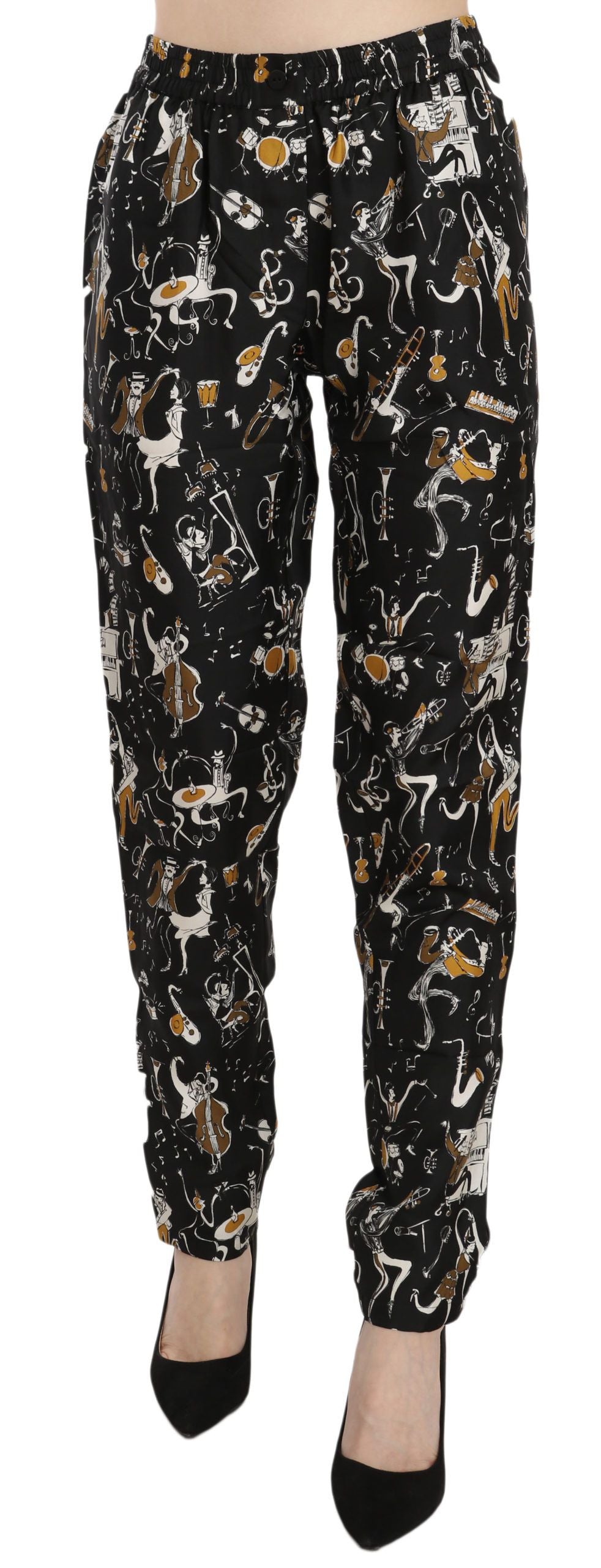 Dolce & Gabbana Schwarze Jazz Club Print High Waist Tapered Hose