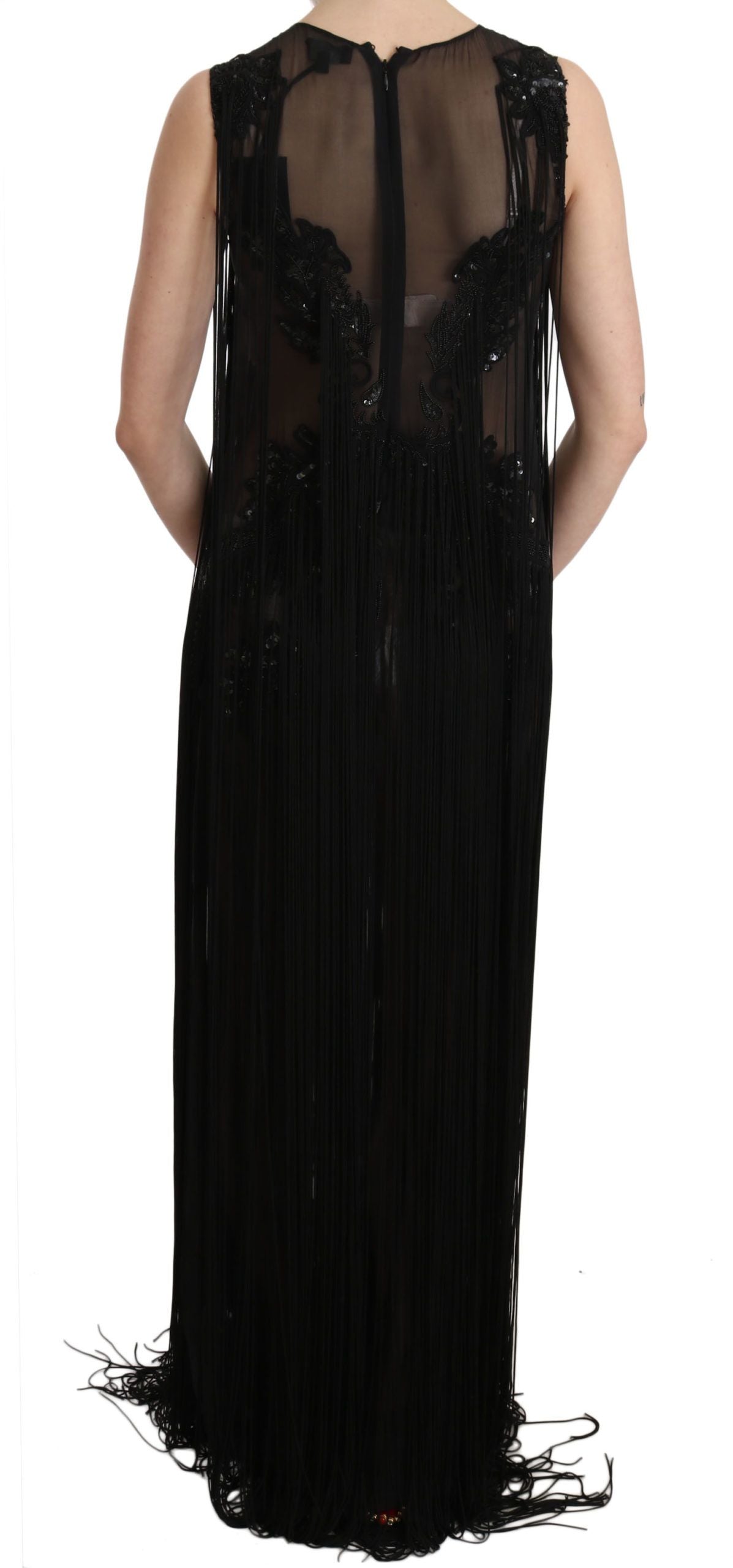 John Richmond Schwarzes Kleid aus Seide mit Perlen, Pailletten und transparenten Einsätzen