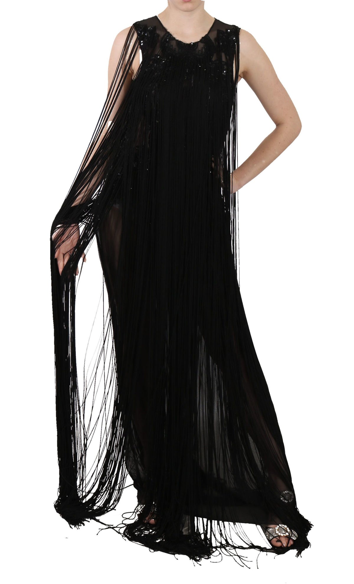 John Richmond Schwarzes Kleid aus Seide mit Perlen, Pailletten und transparenten Einsätzen