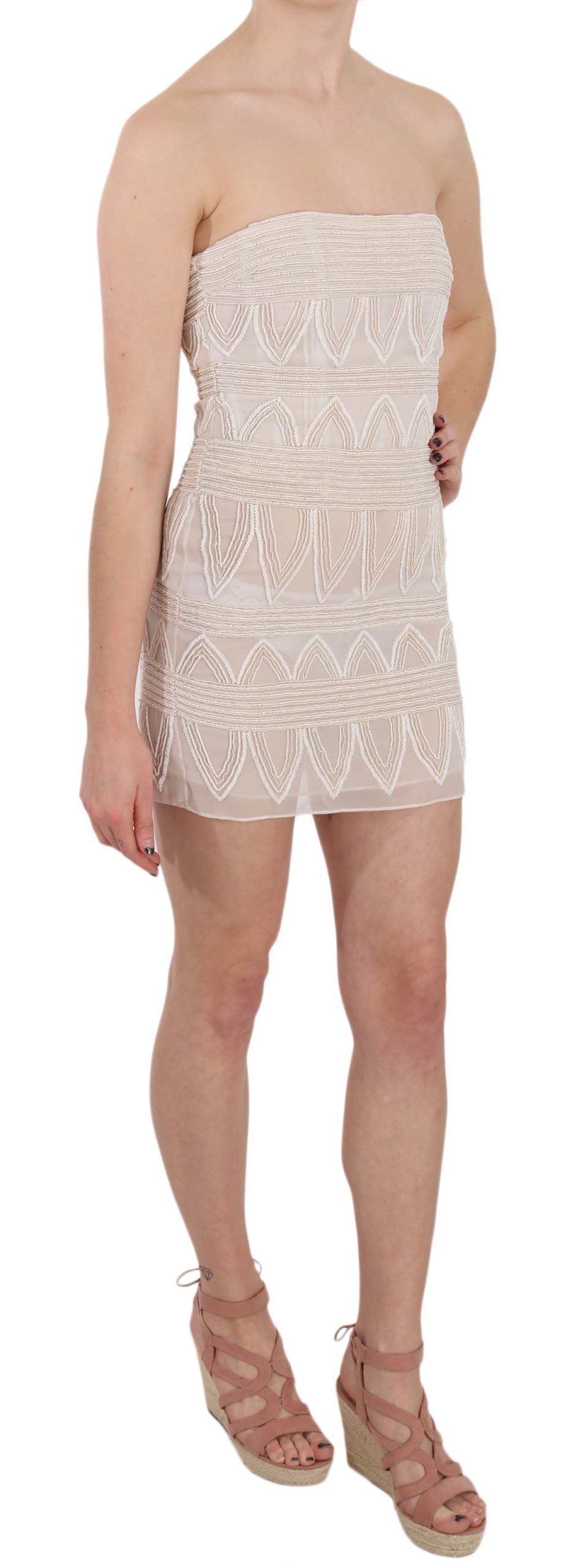 John Richmond Beiges Perlenbesticktes Kurzes Mini-Seidenkleid