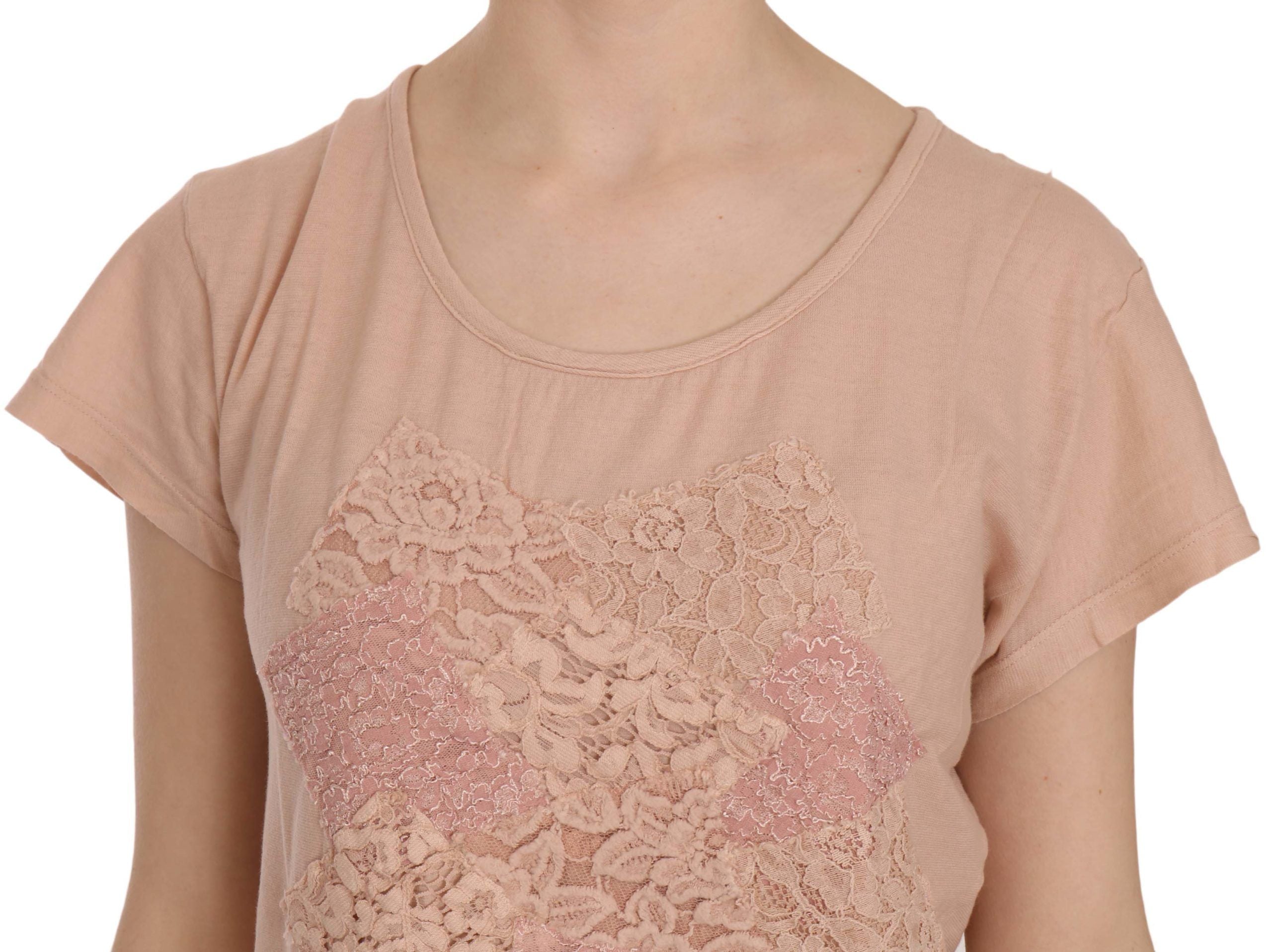 PINK MEMORIES Rosa Creme Spitze Kurzarm-Shirt Oberteil Baumwollbluse