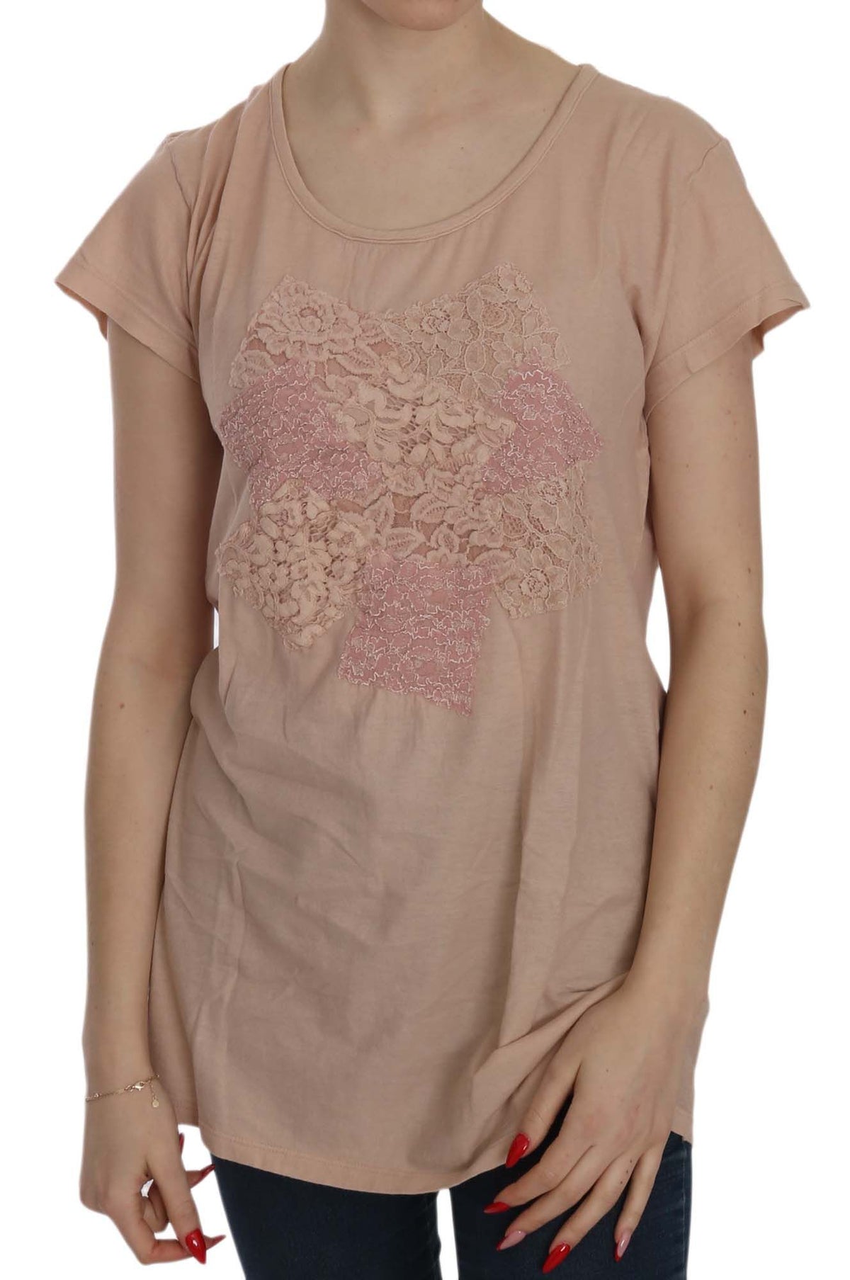 PINK MEMORIES Rosa Creme Spitze Kurzarm-Shirt Oberteil Baumwollbluse