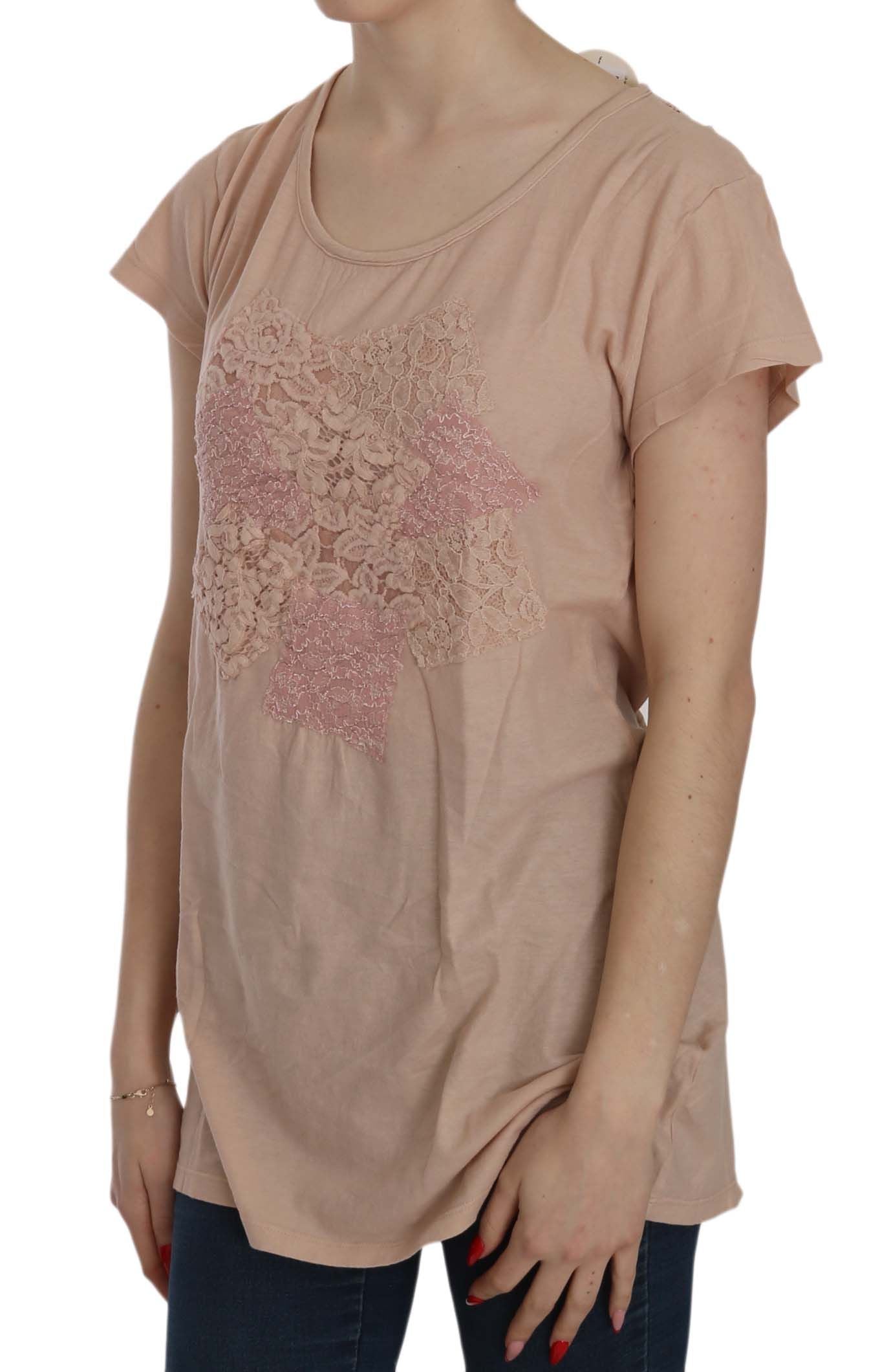 PINK MEMORIES Rosa Creme Spitze Kurzarm-Shirt Oberteil Baumwollbluse