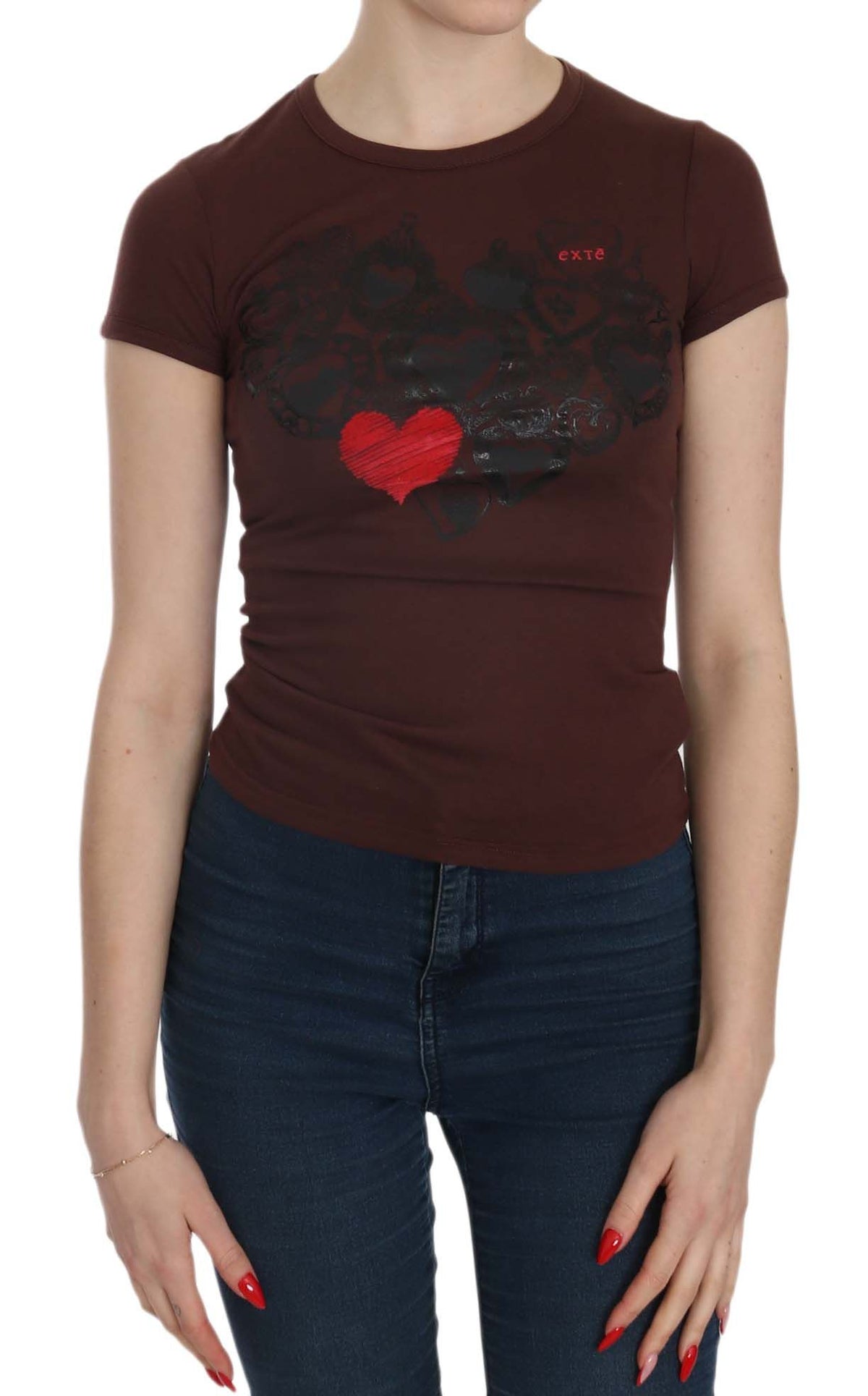Exte Brown Hearts Short Sleeve Casual T-shirt Top