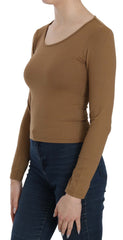 GF Ferre Brown Long Round Neck Sleeve Fitted Shirt Tops Blouse