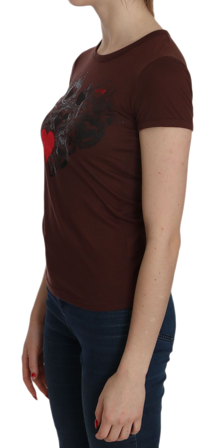 Exte Brown Heart Print Rundhals-T-Shirt Kurzarmbluse