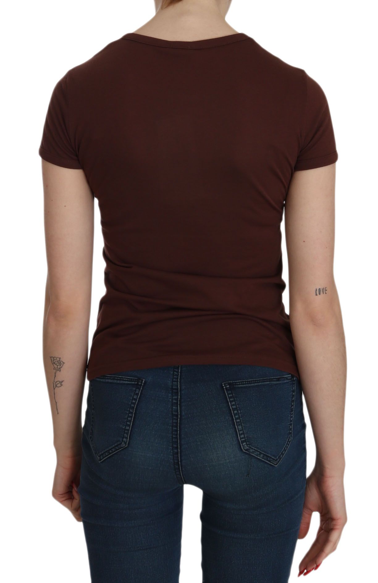 Exte Brown Heart Print Rundhals-T-Shirt Kurzarmbluse