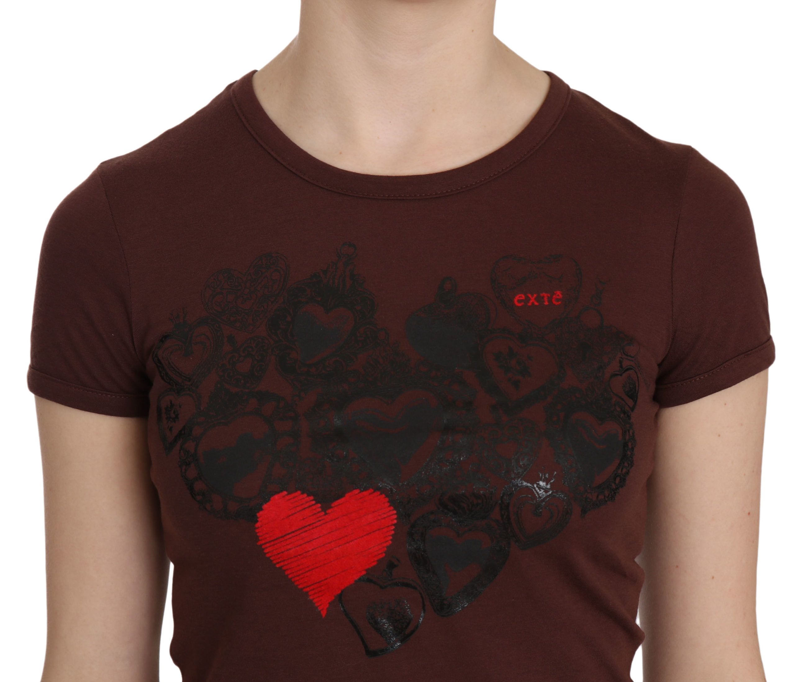 Exte Brown Heart Print Rundhals-T-Shirt Kurzarmbluse