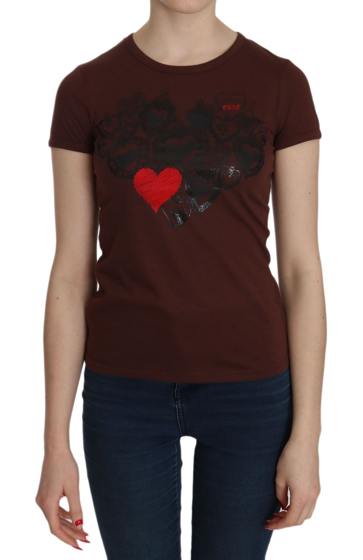 Exte Brown Heart Print Rundhals-T-Shirt Kurzarmbluse