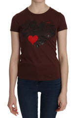 Exte Brown Heart Print Rundhals-T-Shirt Kurzarmbluse