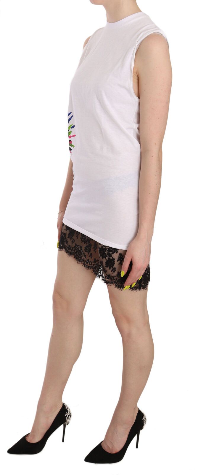 Dsquared² Weißes, bedrucktes, ärmelloses Bodycon-Minikleid mit Rundhalsausschnitt