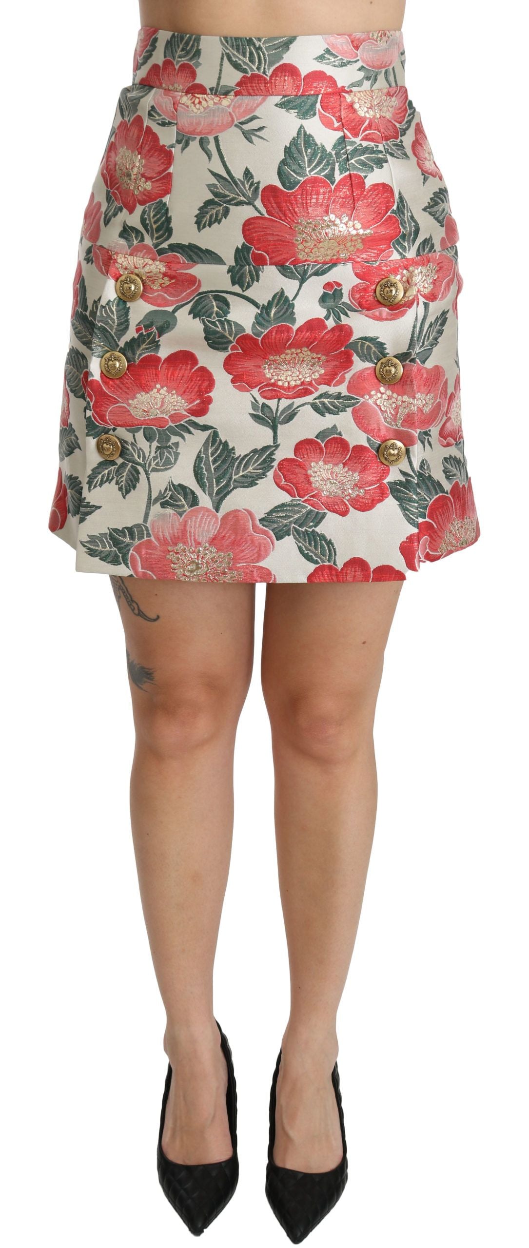 Dolce & Gabbana Weiß Grün Rot Geblümter Minirock mit hoher Taille