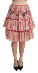 Dolce & Gabbana Rosa Spitzen-Lagenrock mit hoher Taille und Knielänge