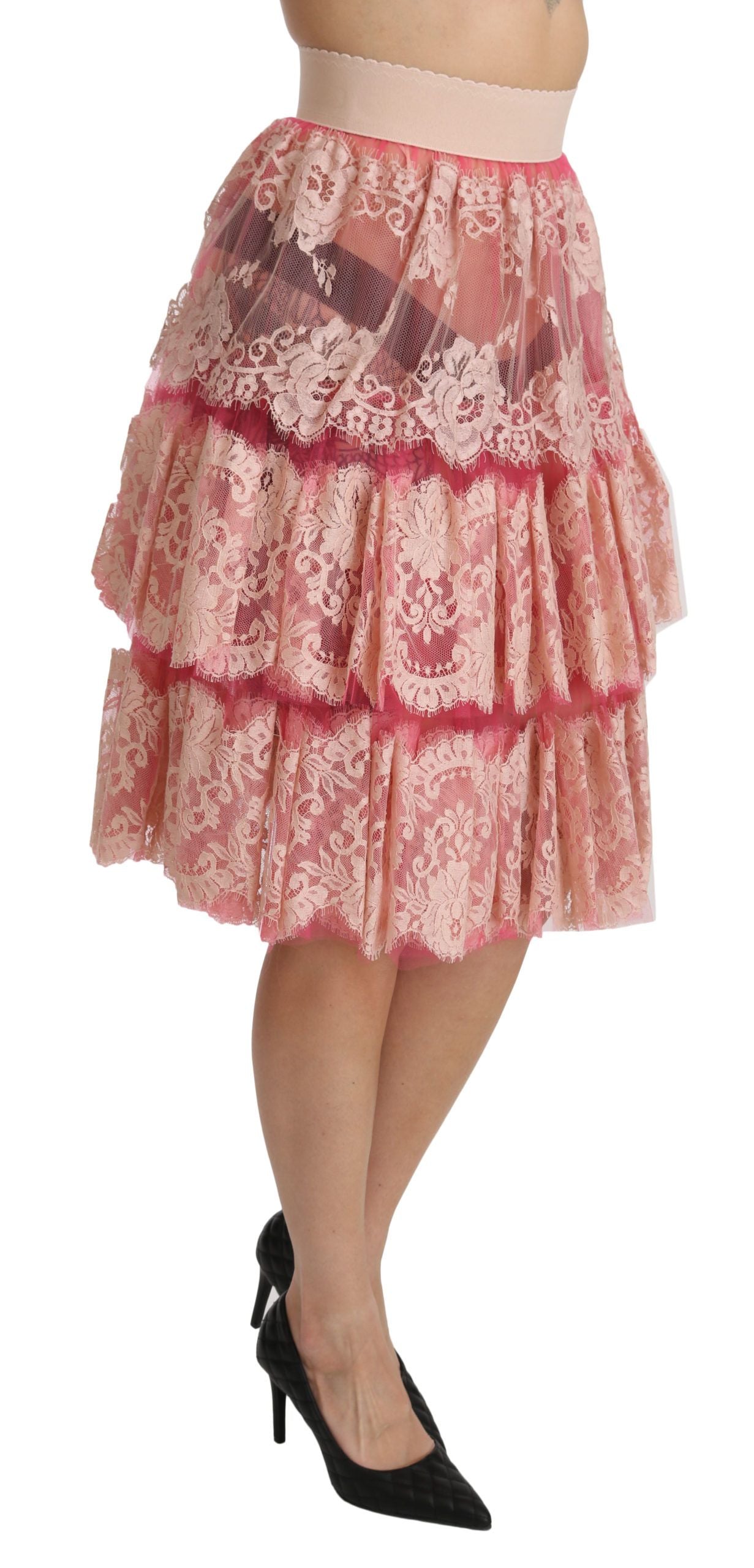 Dolce & Gabbana Rosa Spitzen-Lagenrock mit hoher Taille und Knielänge