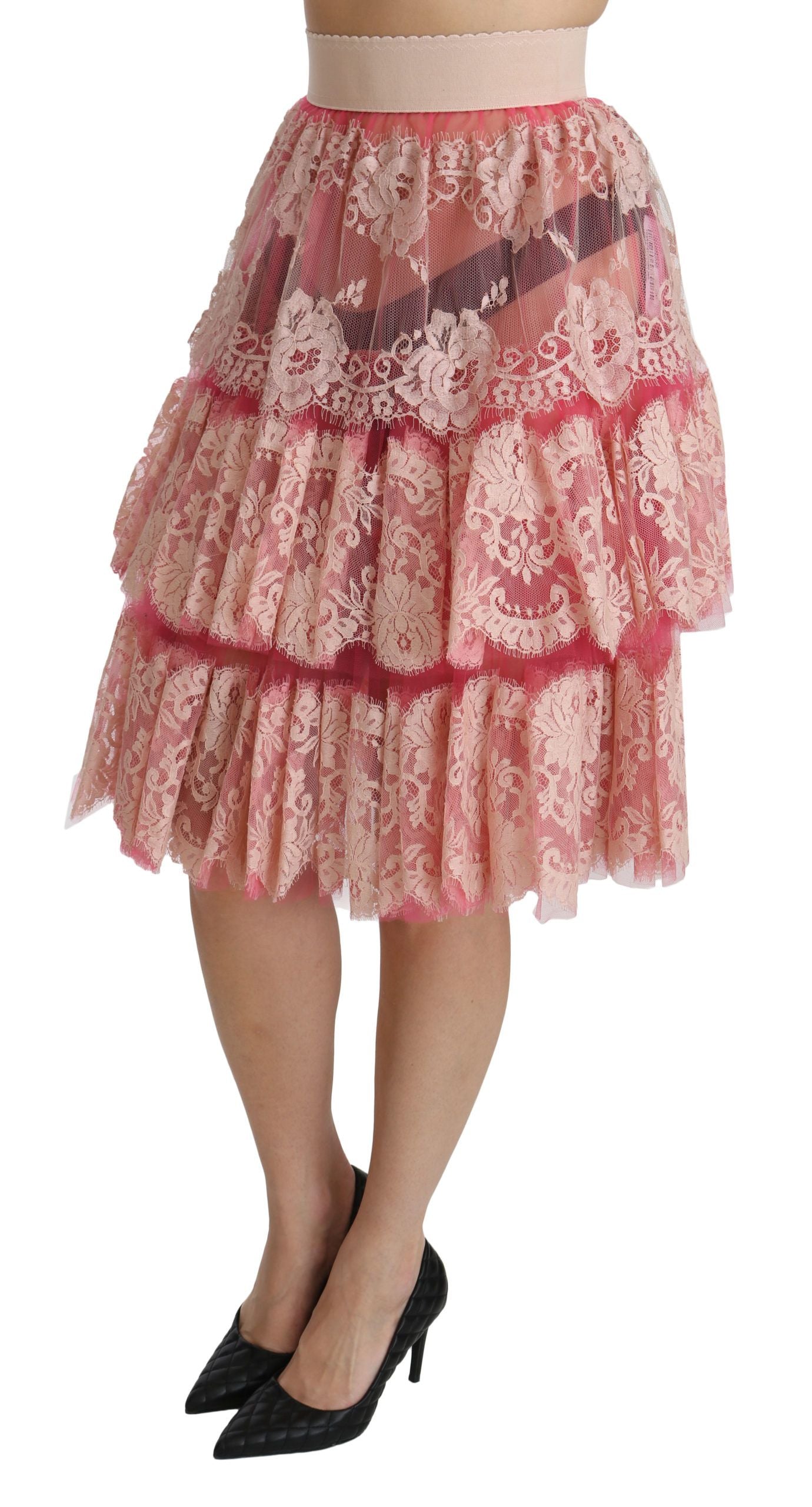 Dolce & Gabbana Rosa Spitzen-Lagenrock mit hoher Taille und Knielänge