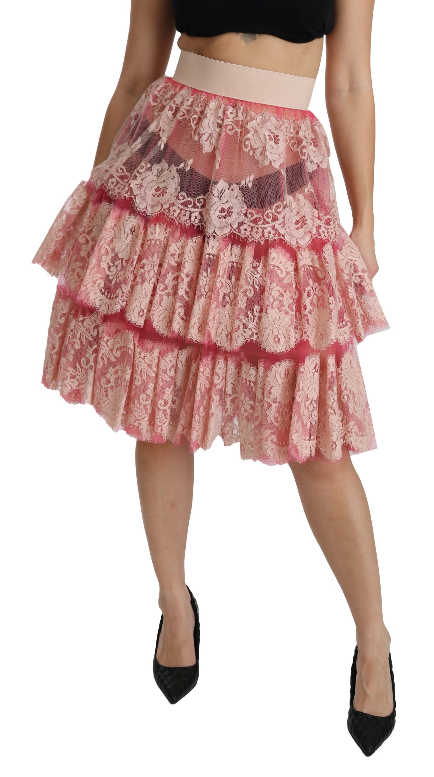 Dolce & Gabbana Rosa Spitzen-Lagenrock mit hoher Taille und Knielänge