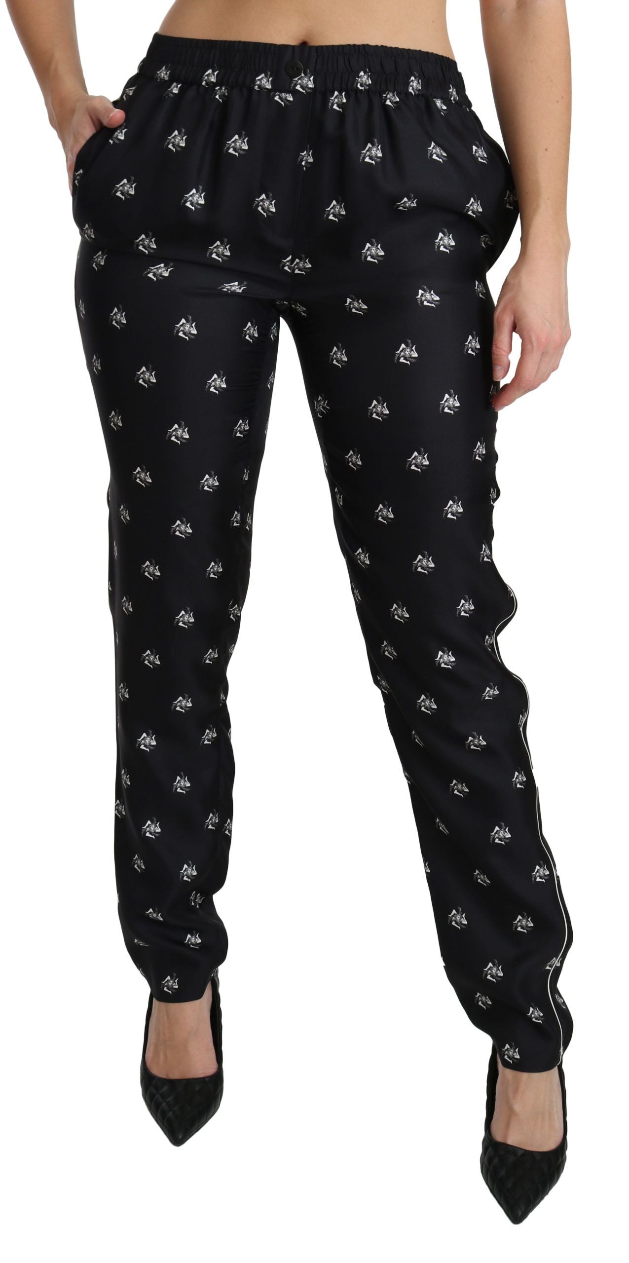 Dolce & Gabbana Schwarze bedruckte Skinny-Seidenhose mit mittlerer Bundhöhe