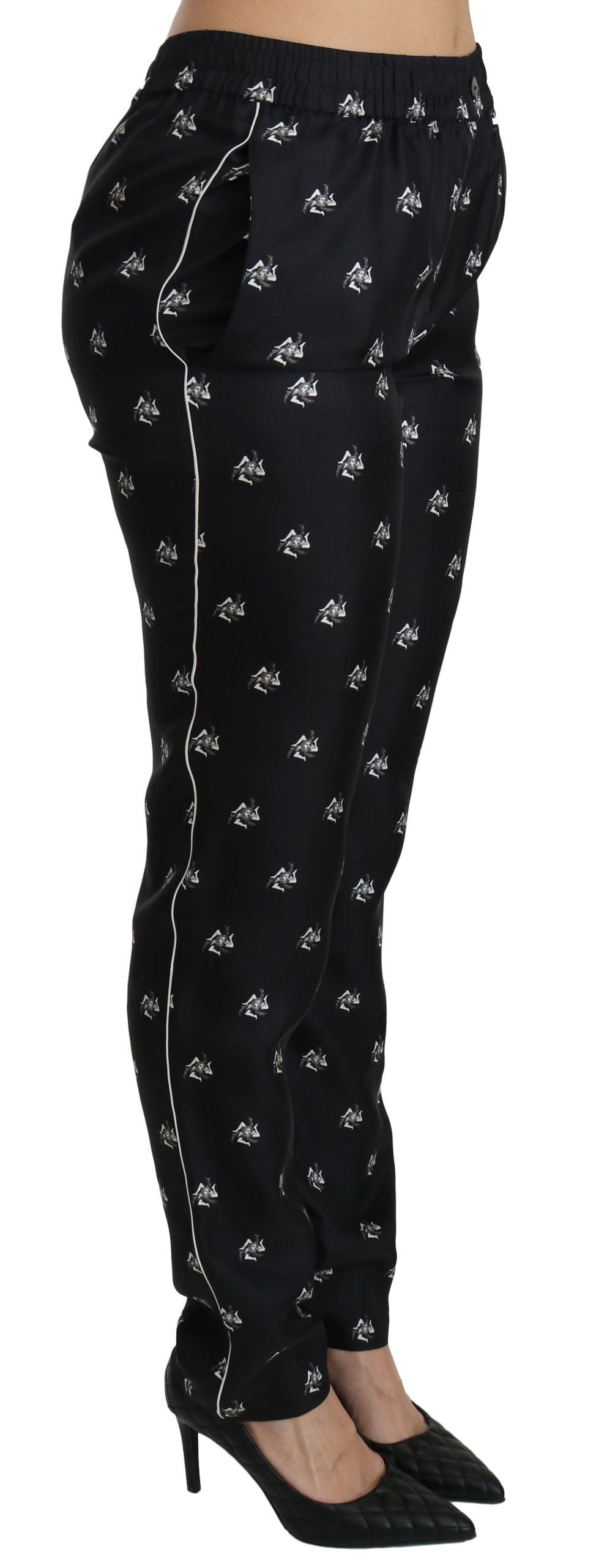 Dolce & Gabbana Schwarze bedruckte Skinny-Seidenhose mit mittlerer Bundhöhe