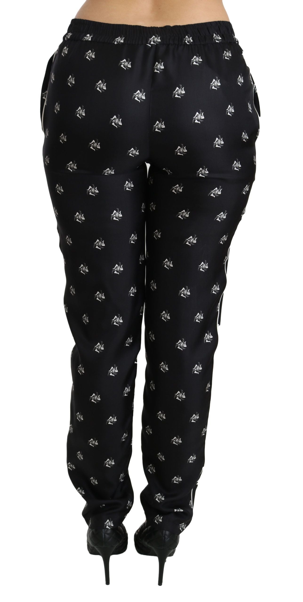 Dolce & Gabbana Schwarze bedruckte Skinny-Seidenhose mit mittlerer Bundhöhe