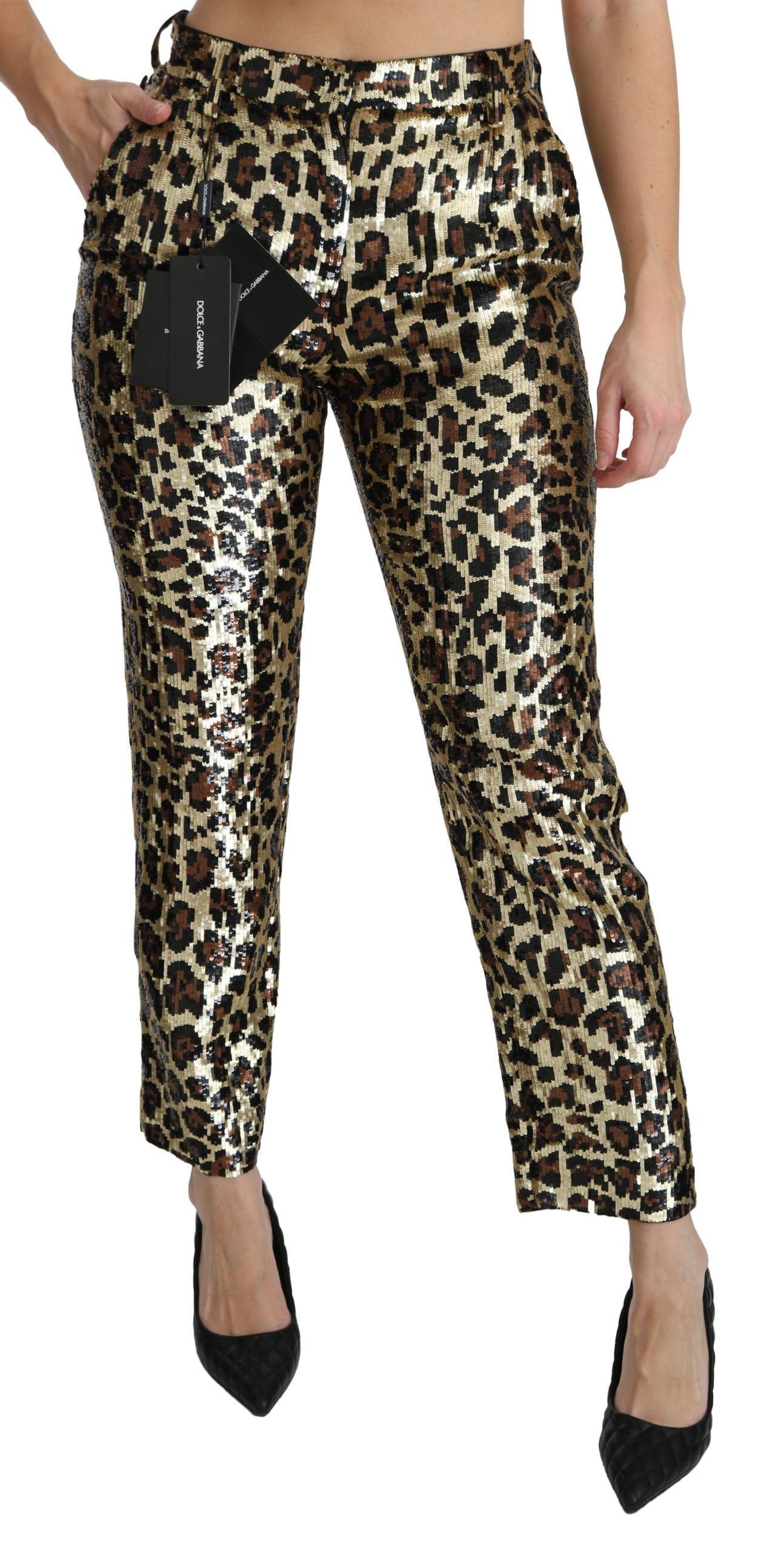 Dolce & Gabbana Bruine Luipaard Pailletten Broek met Hoge Taille