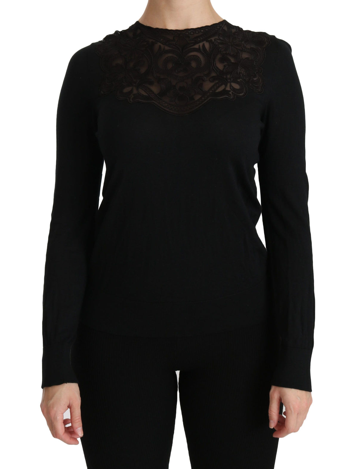 Dolce & Gabbana Schwarze Seidenbluse mit Rundhalsausschnitt und Spitze