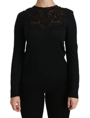 Dolce & Gabbana Schwarze Seidenbluse mit Rundhalsausschnitt und Spitze