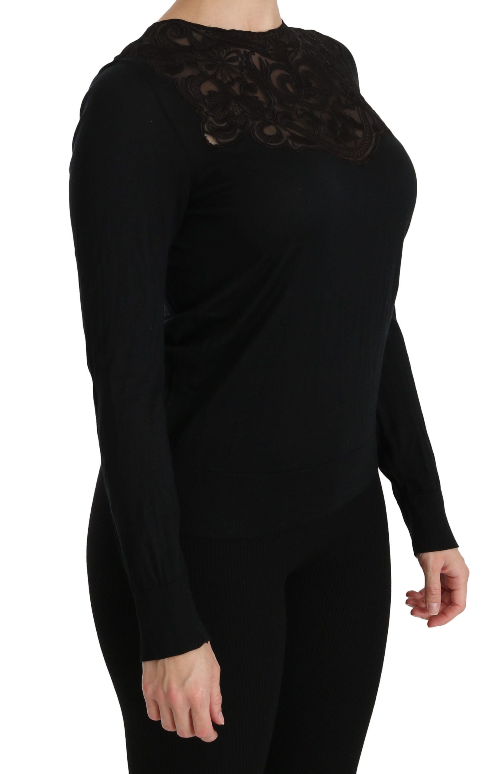Dolce & Gabbana Schwarze Seidenbluse mit Rundhalsausschnitt und Spitze
