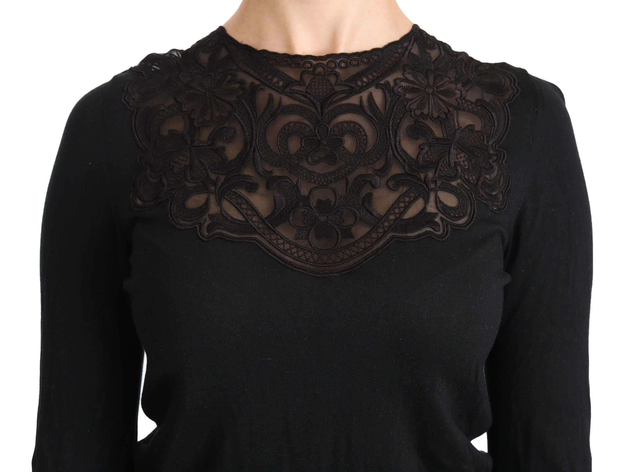 Dolce & Gabbana Schwarze Seidenbluse mit Rundhalsausschnitt und Spitze