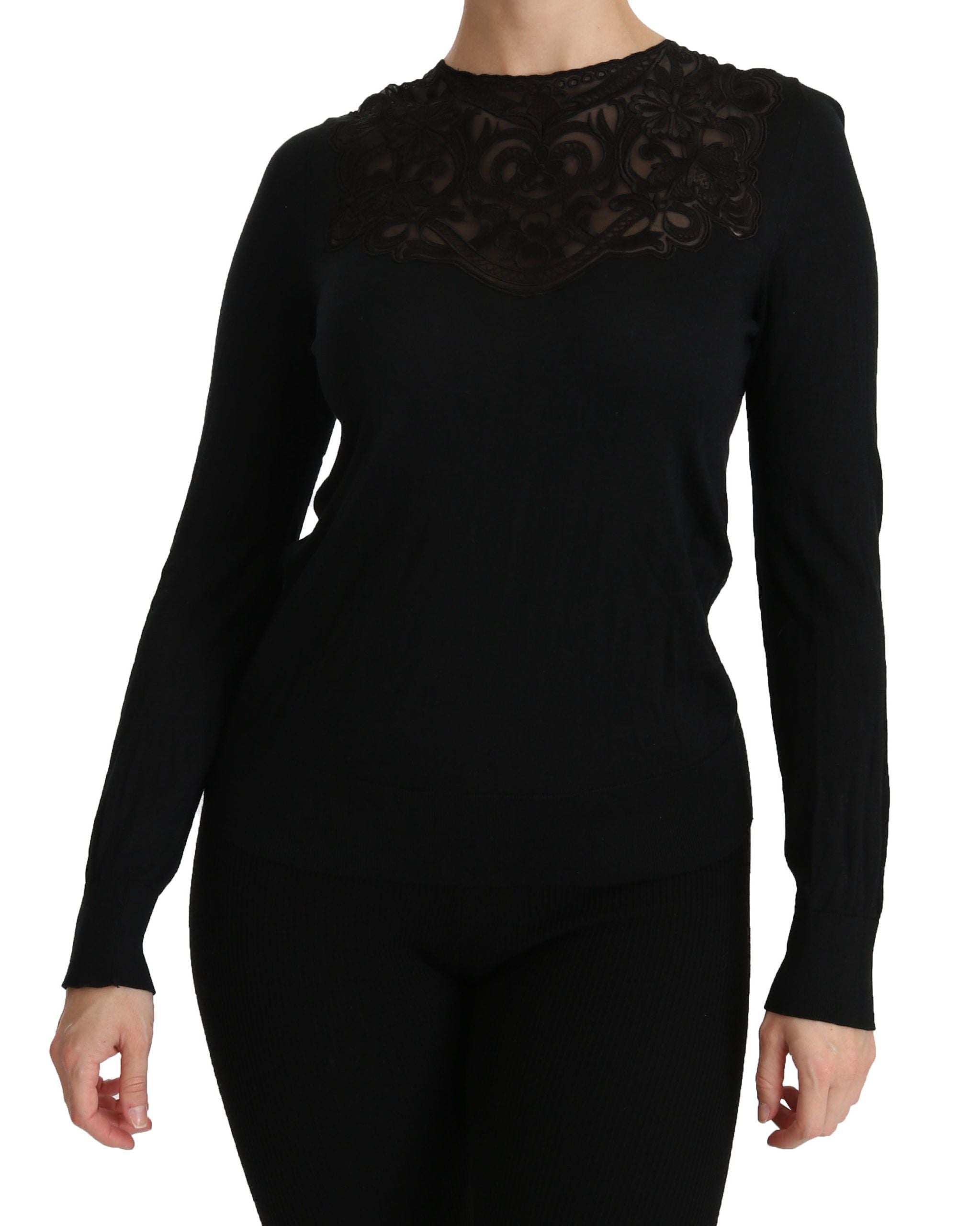 Dolce & Gabbana Schwarze Seidenbluse mit Rundhalsausschnitt und Spitze