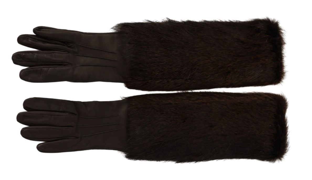 Dolce & Gabbana Braune Ellenbogenlange Fäustlinge aus Leder und Pelz