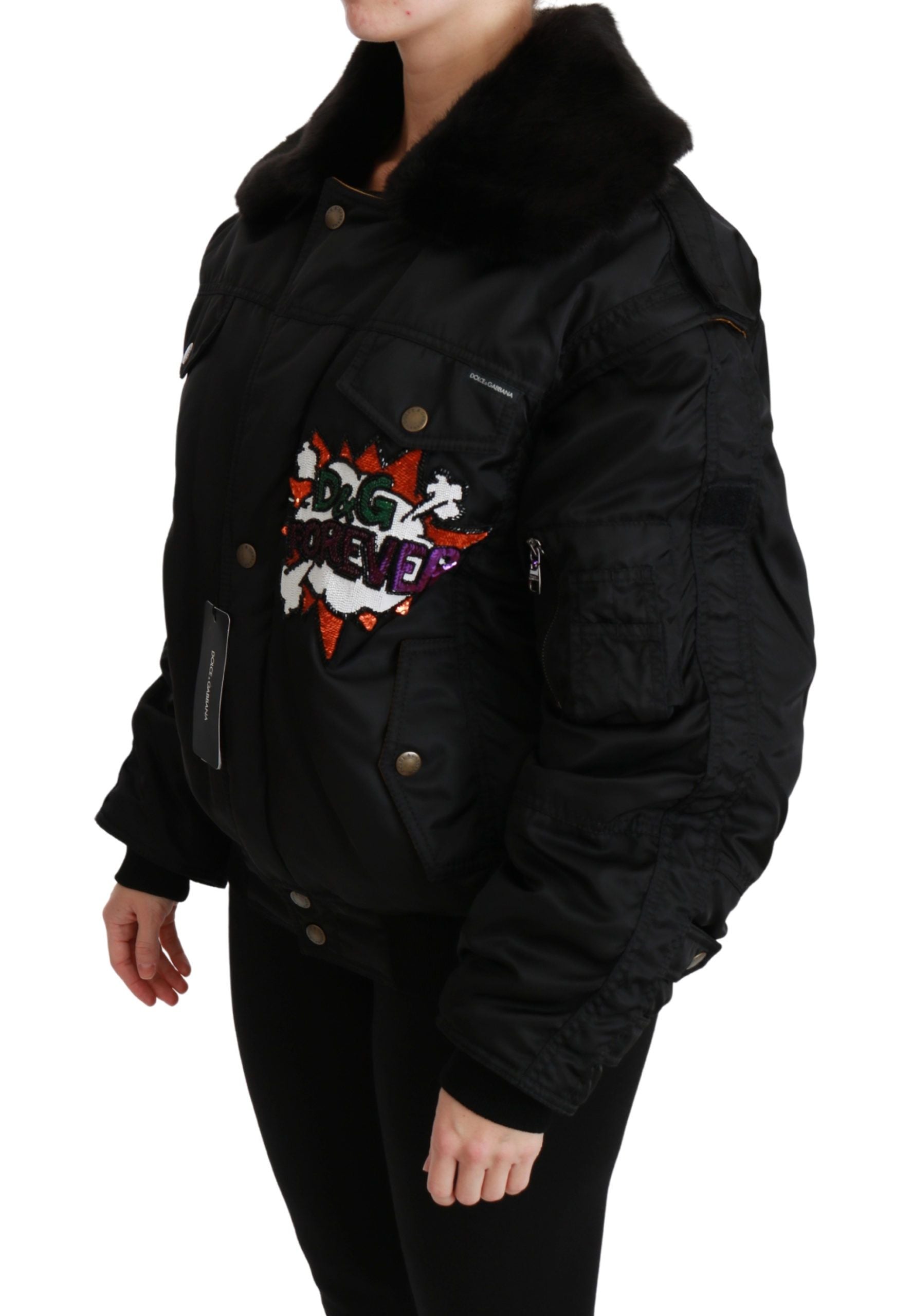 Dolce & Gabbana Schwarze Queen Crown Pailletten Bomberjacke