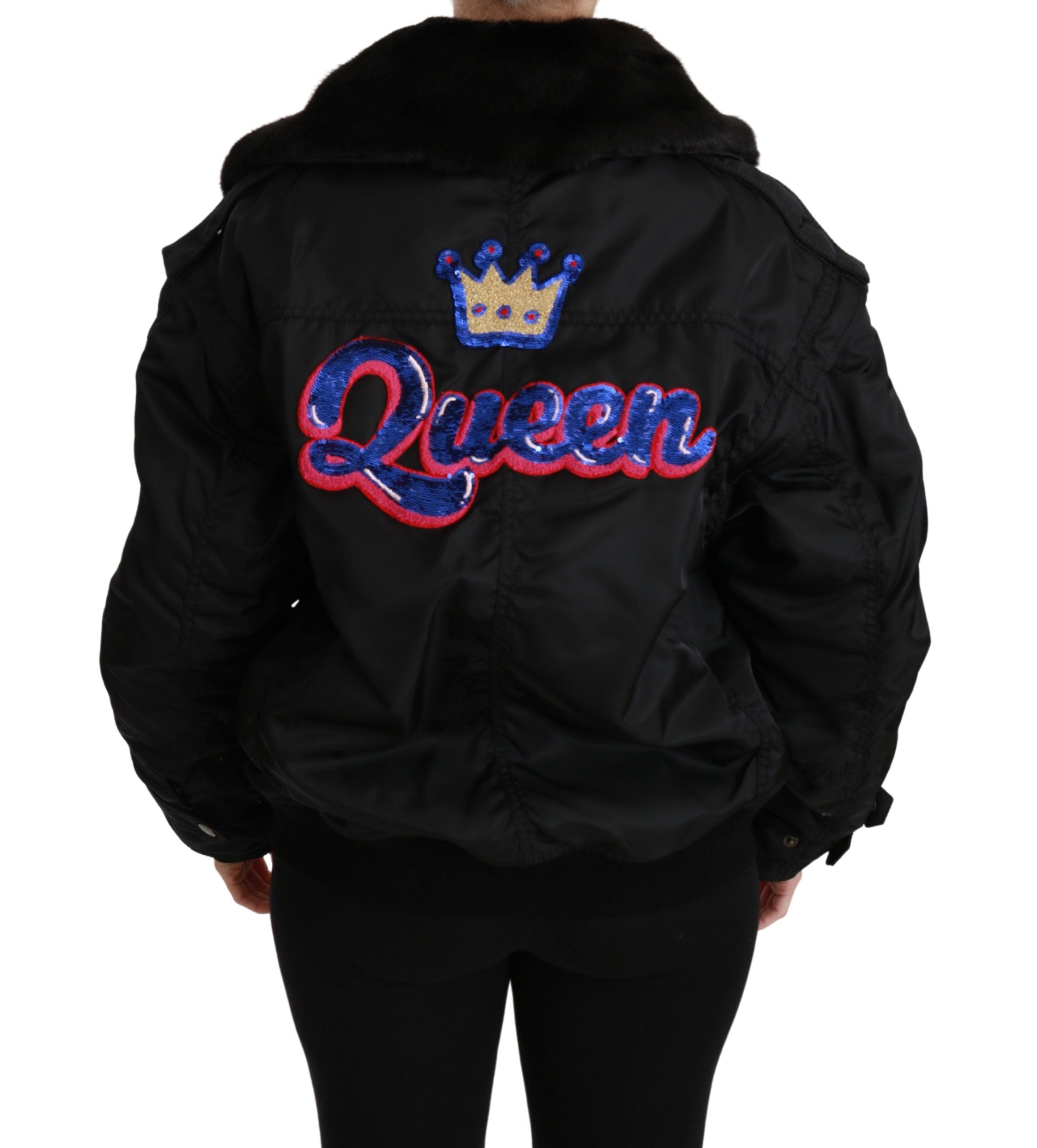 Dolce & Gabbana Schwarze Queen Crown Pailletten Bomberjacke