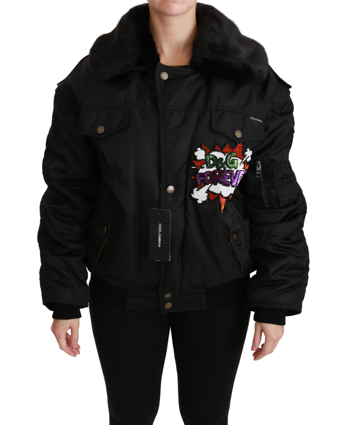 Dolce & Gabbana Schwarze Queen Crown Pailletten Bomberjacke