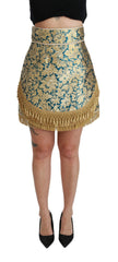 Dolce & Gabbana Blauer hochtaillierter Jacquard-Rock mit Quasten und Goldapplikationen