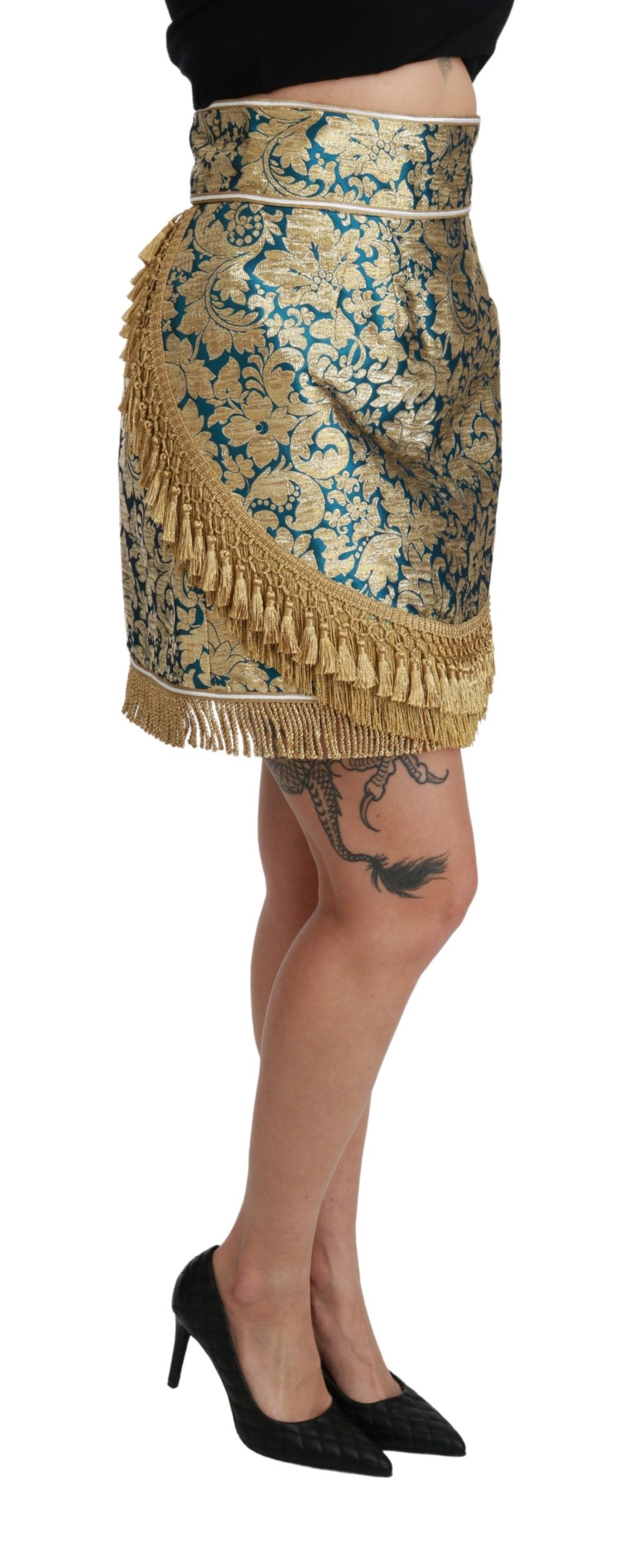 Dolce & Gabbana Blauer hochtaillierter Jacquard-Rock mit Quasten und Goldapplikationen
